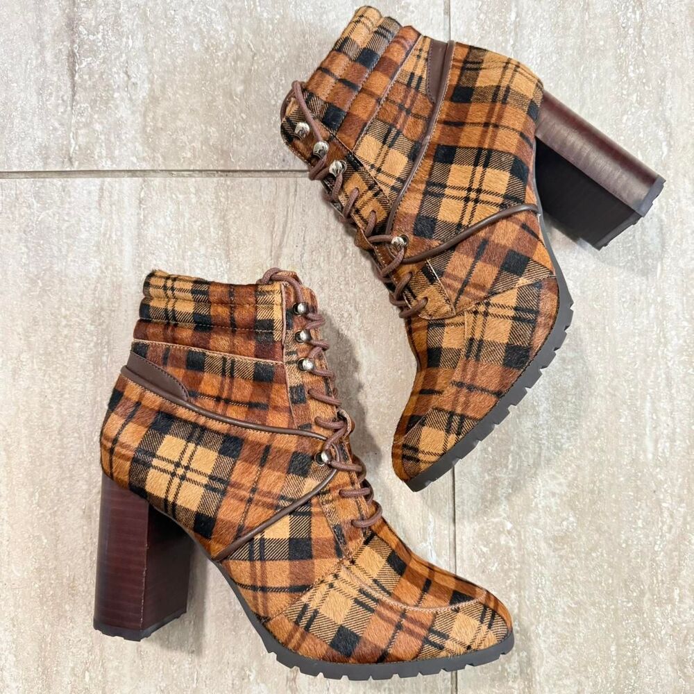 Antonio Melani Grayciee Leather brown plaid calf hair boots block heel Sz 9.5